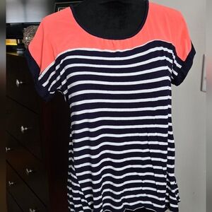 Love J Sheer Coral and Navy Striped Open Back Short Sleeve Tee